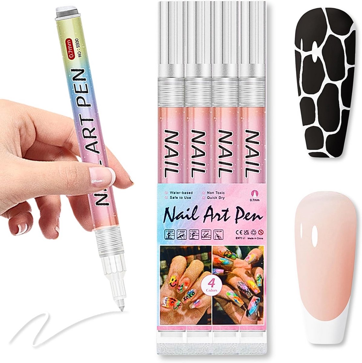 Set van 4 Witte Nagelkunst Pennen voor Gedetailleerd Nageldesign en Manicure