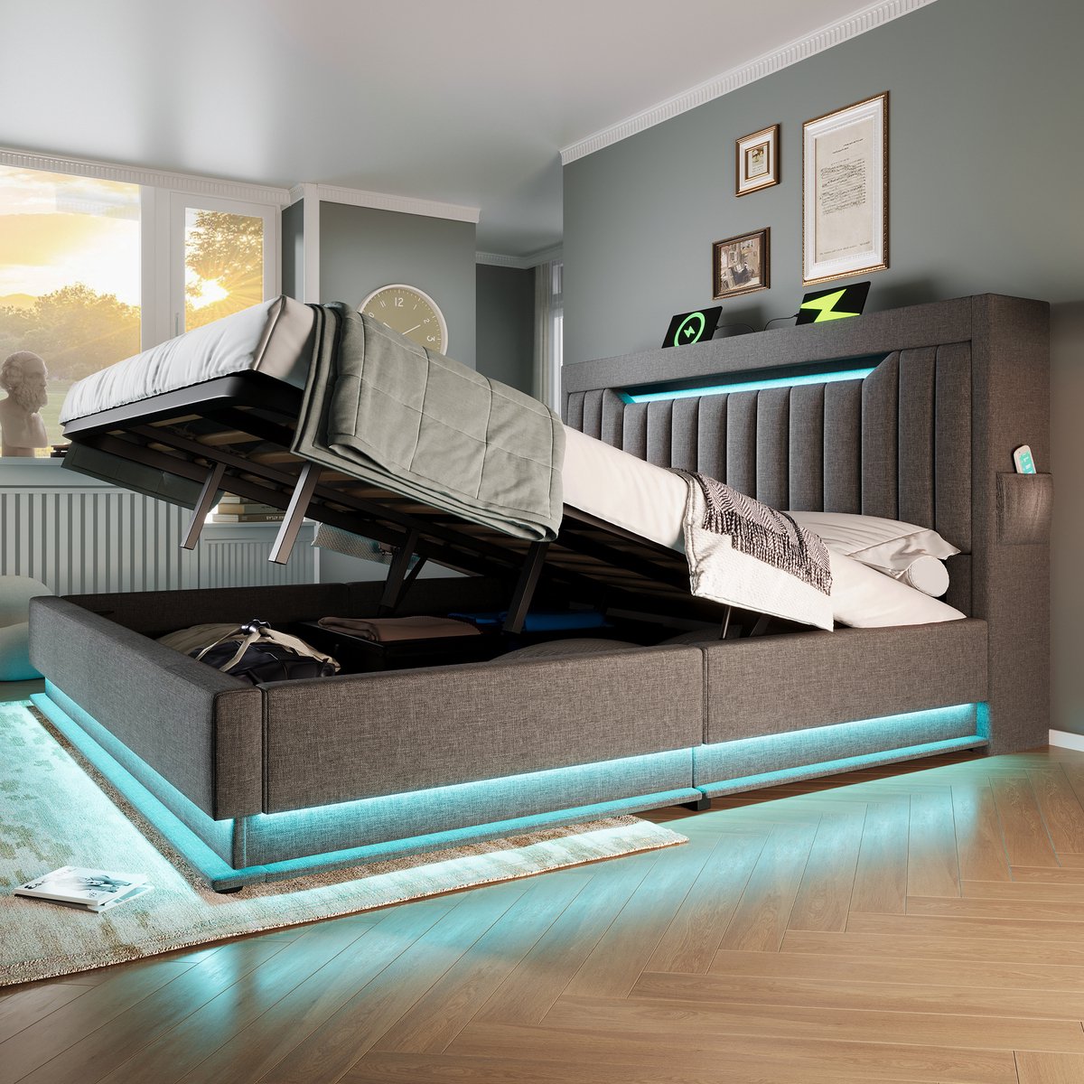 MODFU Ledikant 160x200 cm – Grijs linnen met LED & USB/Type-C – Hydraulisch – Incl. matras
