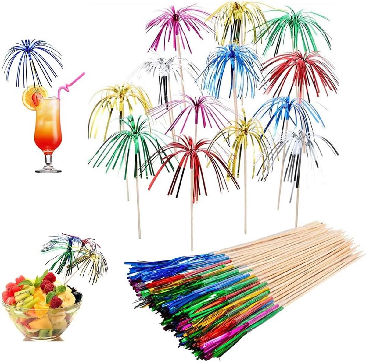 100 Stuks Vuurwerk Cocktailprikkers Decoratie voor Taart, IJs en Fruit
