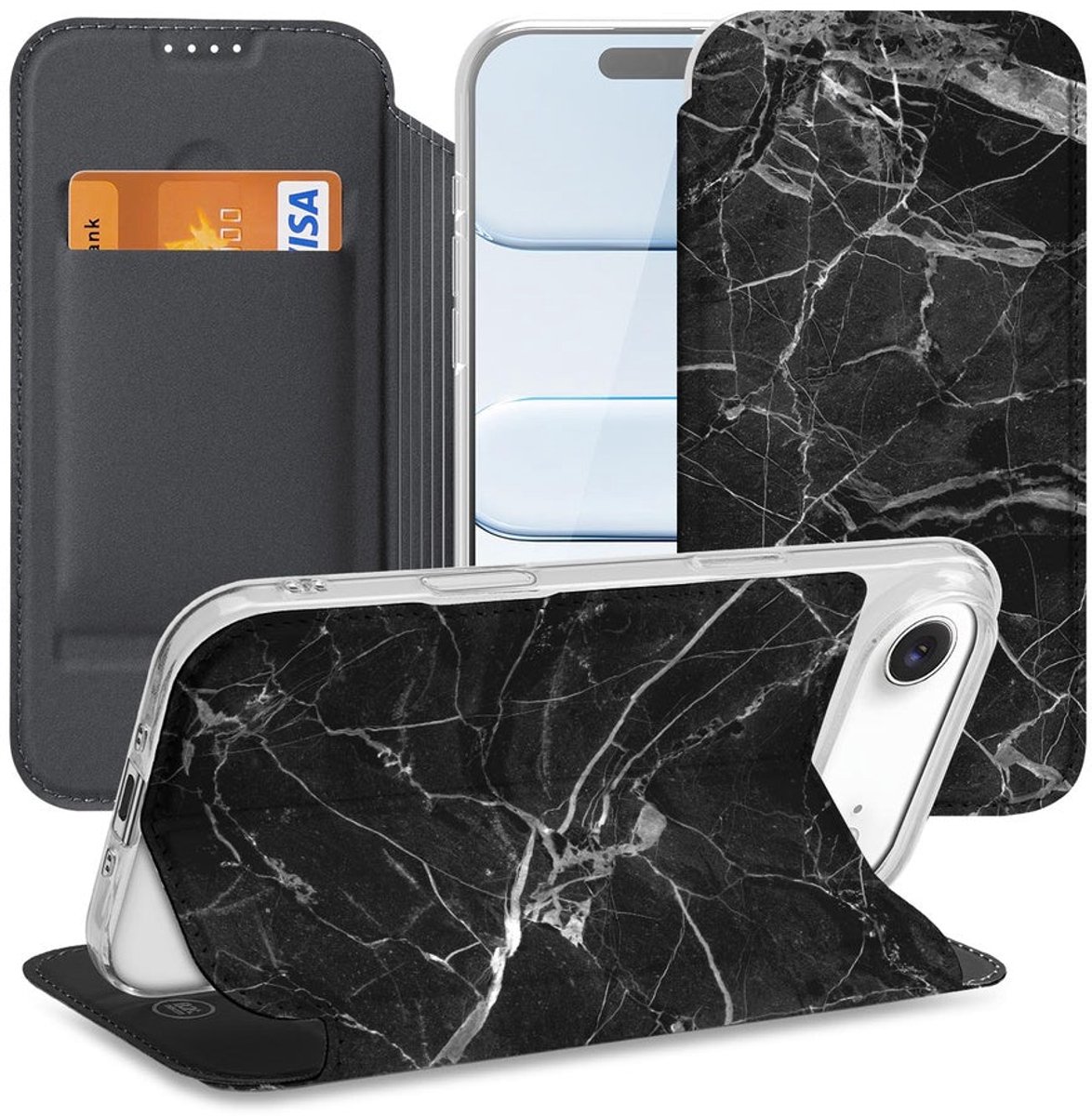 Bookcase Wallet Case Marmer Zwart