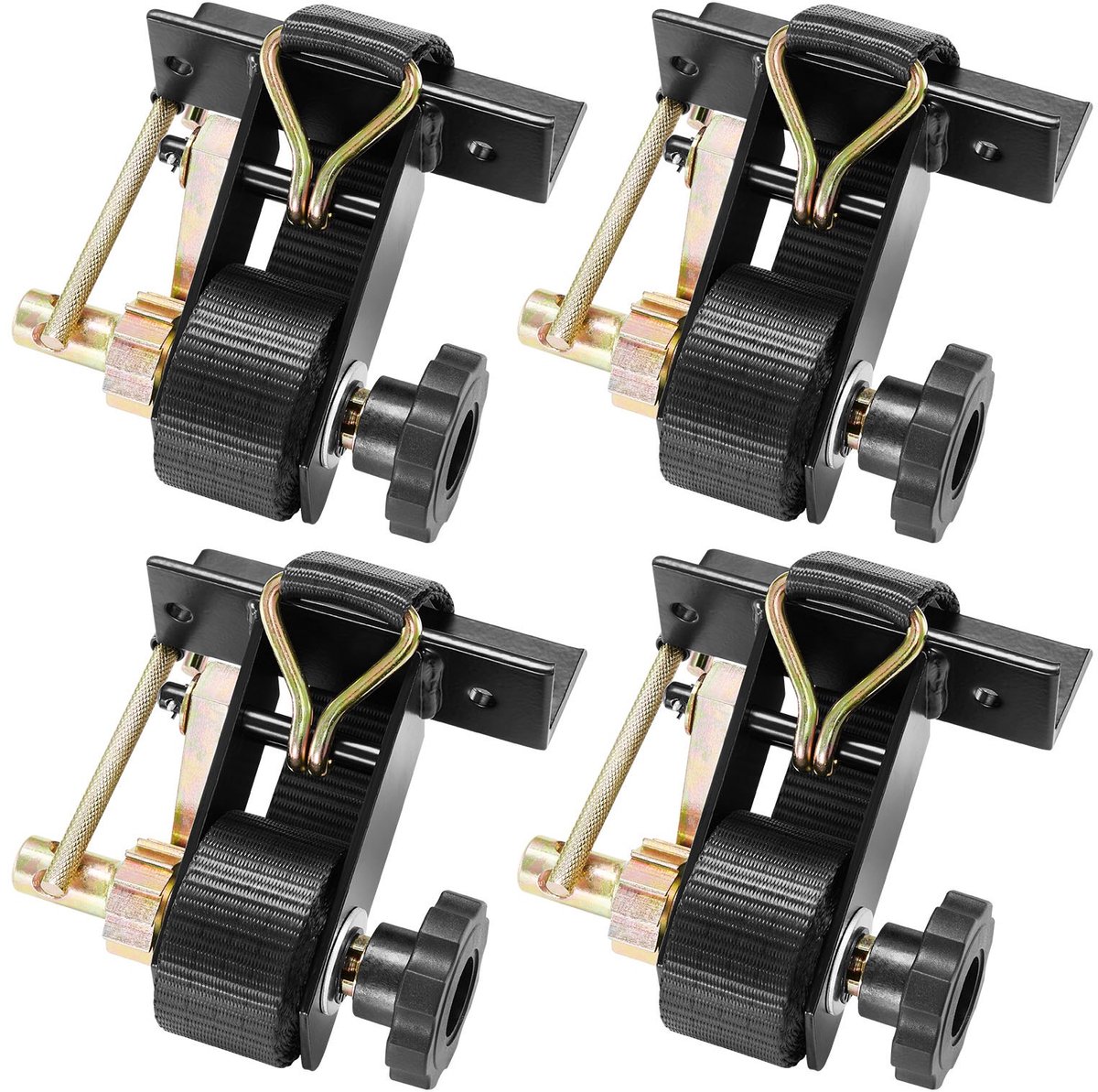Spanbanden met ratel - Set van 4 - 38 mm Breed - 2,25 m Lang - Draagvermogen 226,8 kg - Dubbele J-haken - Vierkante buisbevestiging voor ladderdragers