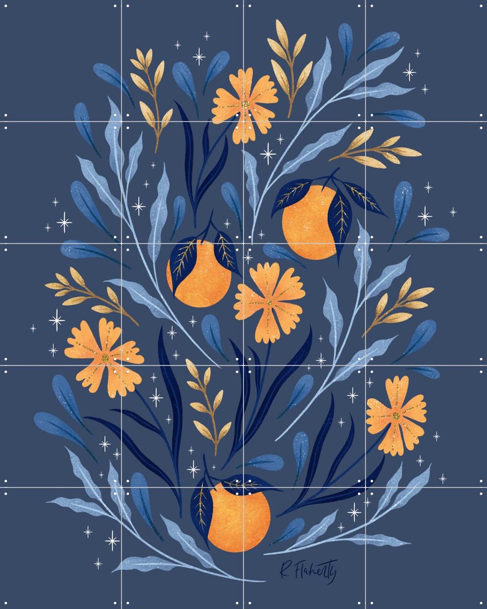 IXXI Wild Flowers and Oranges Blue and Gold, Rebecca Flaherty - 80 x 100 cm - Gratis ophangtool - Grote wanddecoratie en posters - Kleurrijk