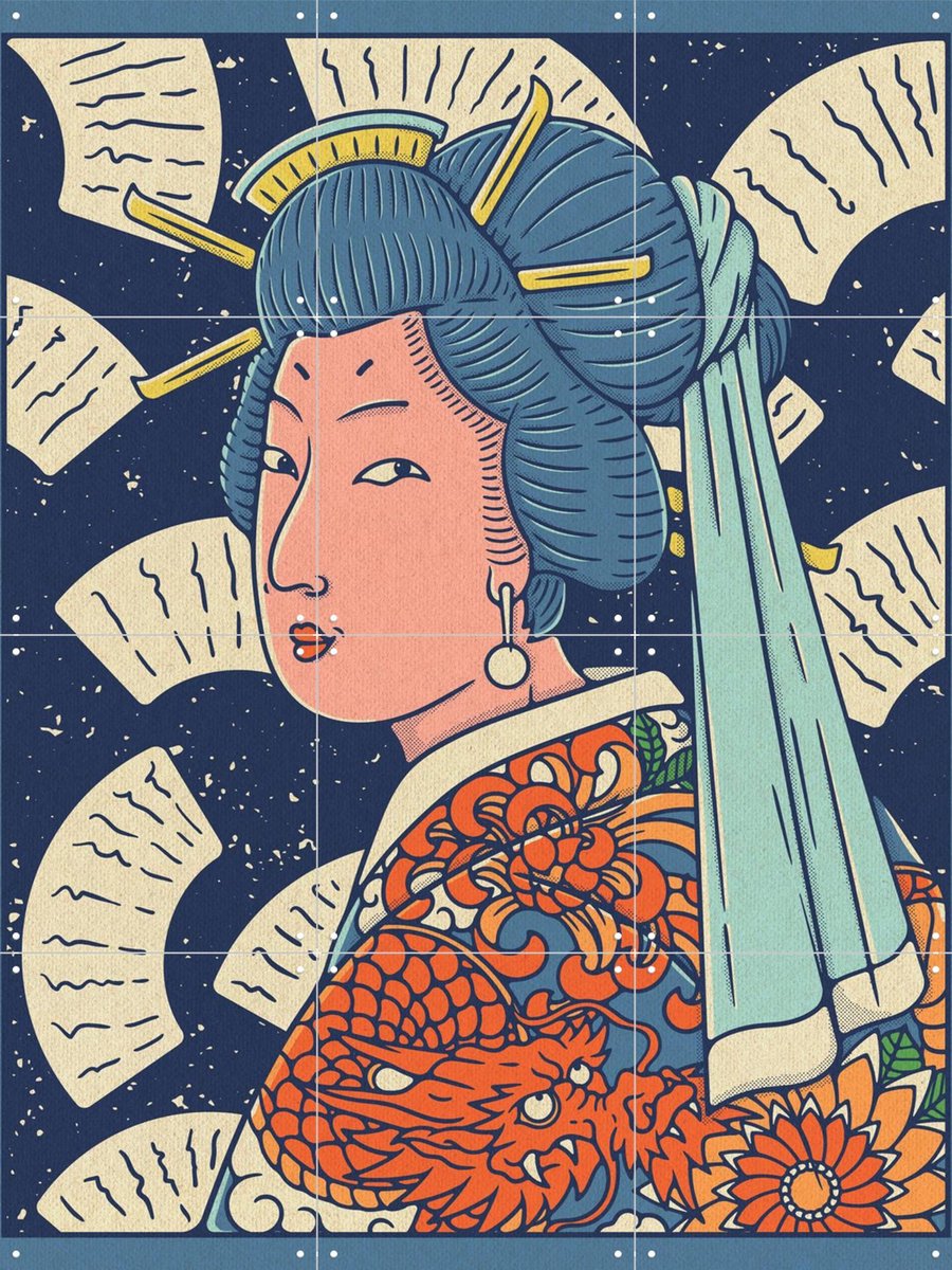 IXXI Lady Kami with the Earring, Ryan Ragnini - 60 x 80 cm - Gratis ophangtool - Grote wanddecoratie en posters - Illustraties, Ukiyo-e, Kleurrijk