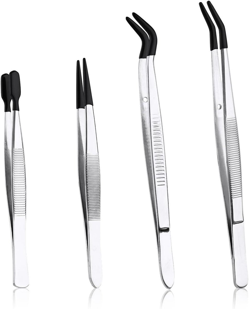 Allecto- Pincetten Set - RVS - Rubberen Punten - Ambachten sieraden maken - Zwart - Laboratorium - Geschikt voor diverse doeleinden - 4-delige pincetten set met rechte punt, platte punt en lange gebogen pincet
