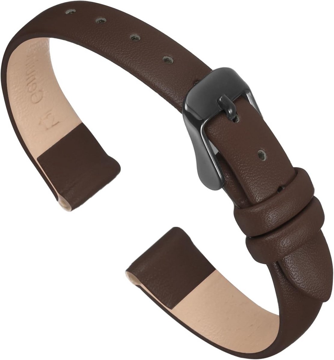 Echt Leren Horlogeband 12mm Plat Donkerbruin met Zwarte Gesp voor Dames en Heren