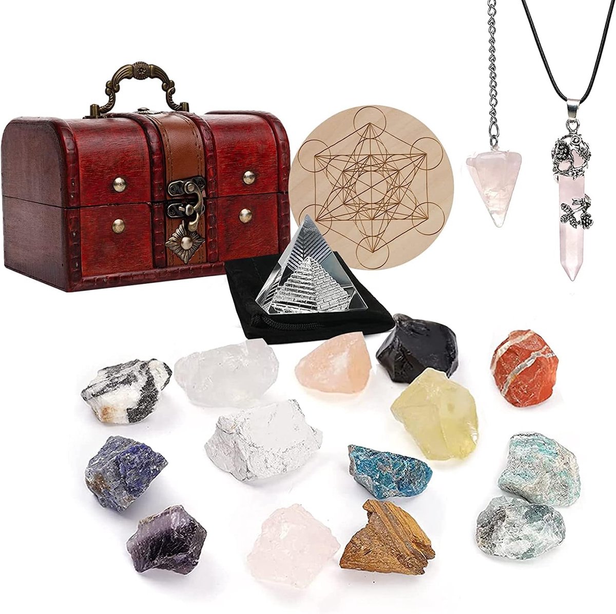 Kristallen Set - Helende Stenen - Meditatie & Yoga - 18 Natuurlijke Stukken - 20 x 15 x 14 cm