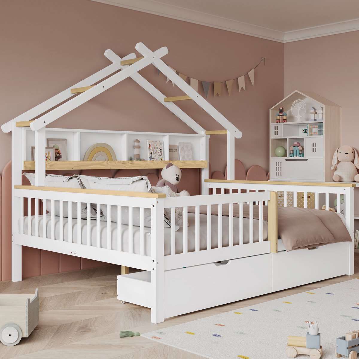 MODENUIT Kinderbed 140x200 cm – Zonder matras – Dakframe met veiligheidshek – 2 lades op wielen – Grenen en MDF – Wit/Naturel
