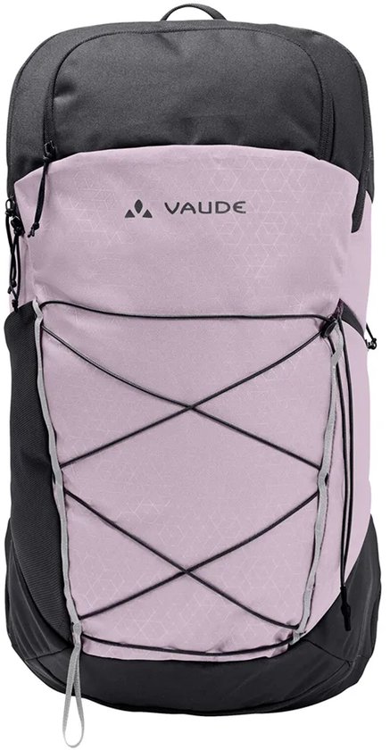 Zwarte en paarse Vaude rugzak met elastische koordsluiting.