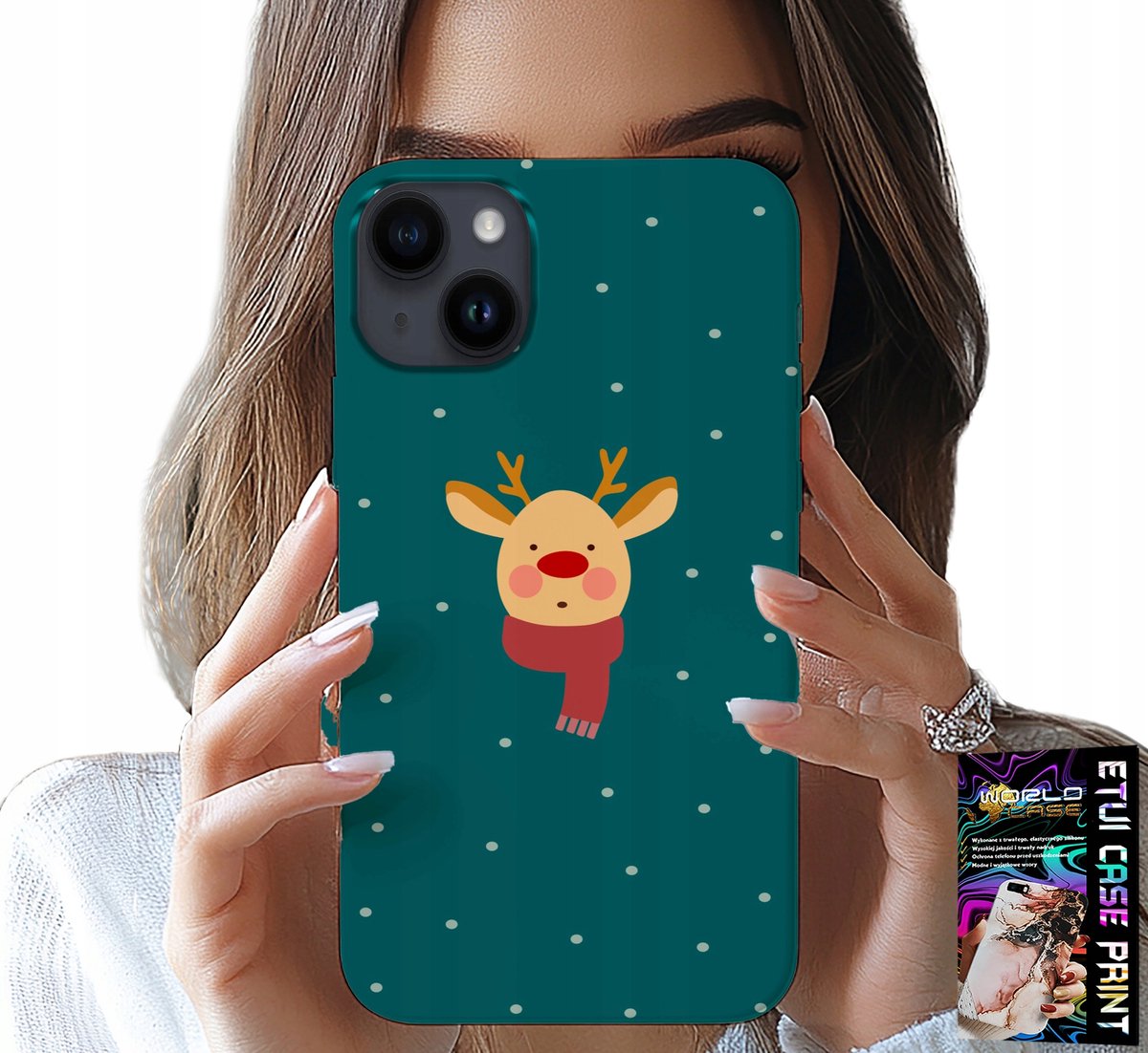 iPhone 15 hoesje - Rendier op een groene achtergrond, kerstpatroon