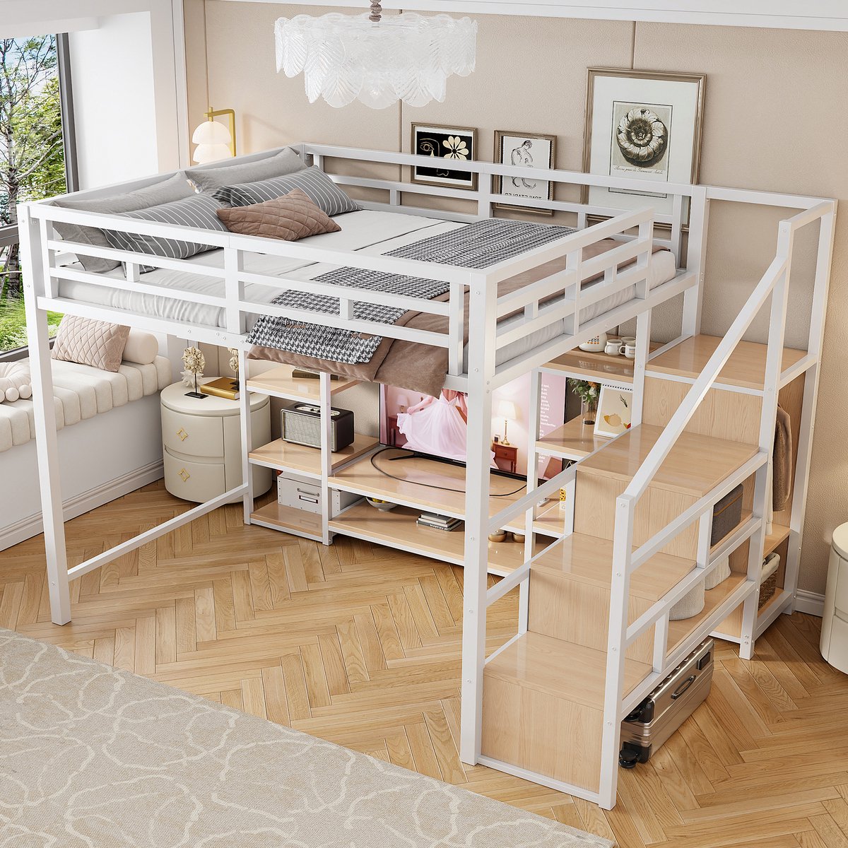 HAUSS SPOLE Hoogslaper 140x200 cm - Met Tv-Meubel En Stopcontact - Ruimtebesparend Zonder Matras - Metaal En Hout - Wit