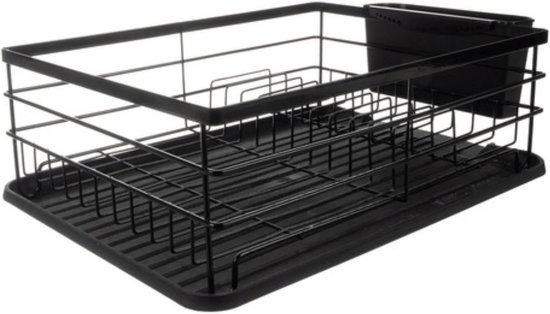 Égouttoir en métal noir, 44x31x14,5cm, avec plateau et porte-couverts.