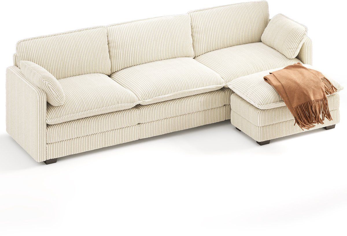 Xbro Hoekbank met Slaapfunctie – L-vormige Bank met Verplaatsbare Hocker – Corduroy – 4-Zits – Beige