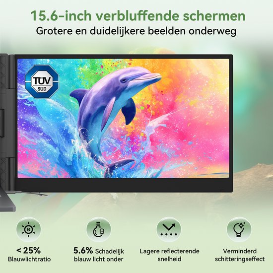 Close-up van de 15,6-inch Blackview DCM8 Pro met een levendige afbeelding van een dolfijn, met informatie over de blauwlichtreductie.