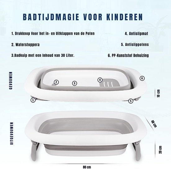 SAVI® Baby Badje Met Standaard - Babybadje - Inklapbaar Bad - Bad Baby - Zitbad - Grijs/Wit - 80cm x 48cm x 20cm; 1.9kg — afbeelding 2