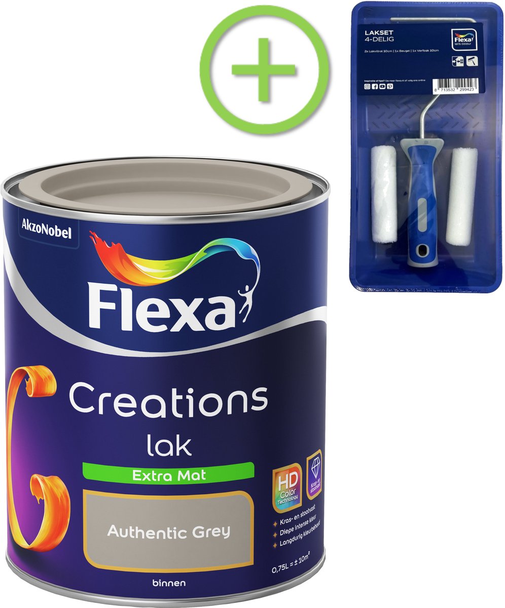 Voordeelpakket Flexa Creations - Lak Extra Mat - Authentic Grey - 750 ML + Lakroller - 4 Delig