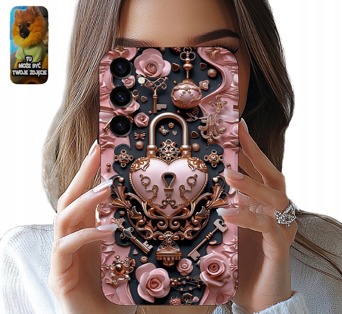 Hoesje voor Samsung Galaxy S24, elegant damespatroon, hangslot met hartje.
