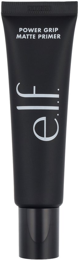 Zwarte e.l.f. Power Grip Matte Primer tube met witte letters op een witte achtergrond.