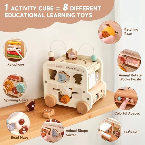 5 in 1 Bus Speelgoed Montessori Educatief Spel Speelgoed - Montessori Speelgoed vanaf 1 Jaar - Baby Motoriek Bus Speelgoed voor 12+ Maanden Meisjes Jongens Verjaardagscadeau - Beige — afbeelding 3