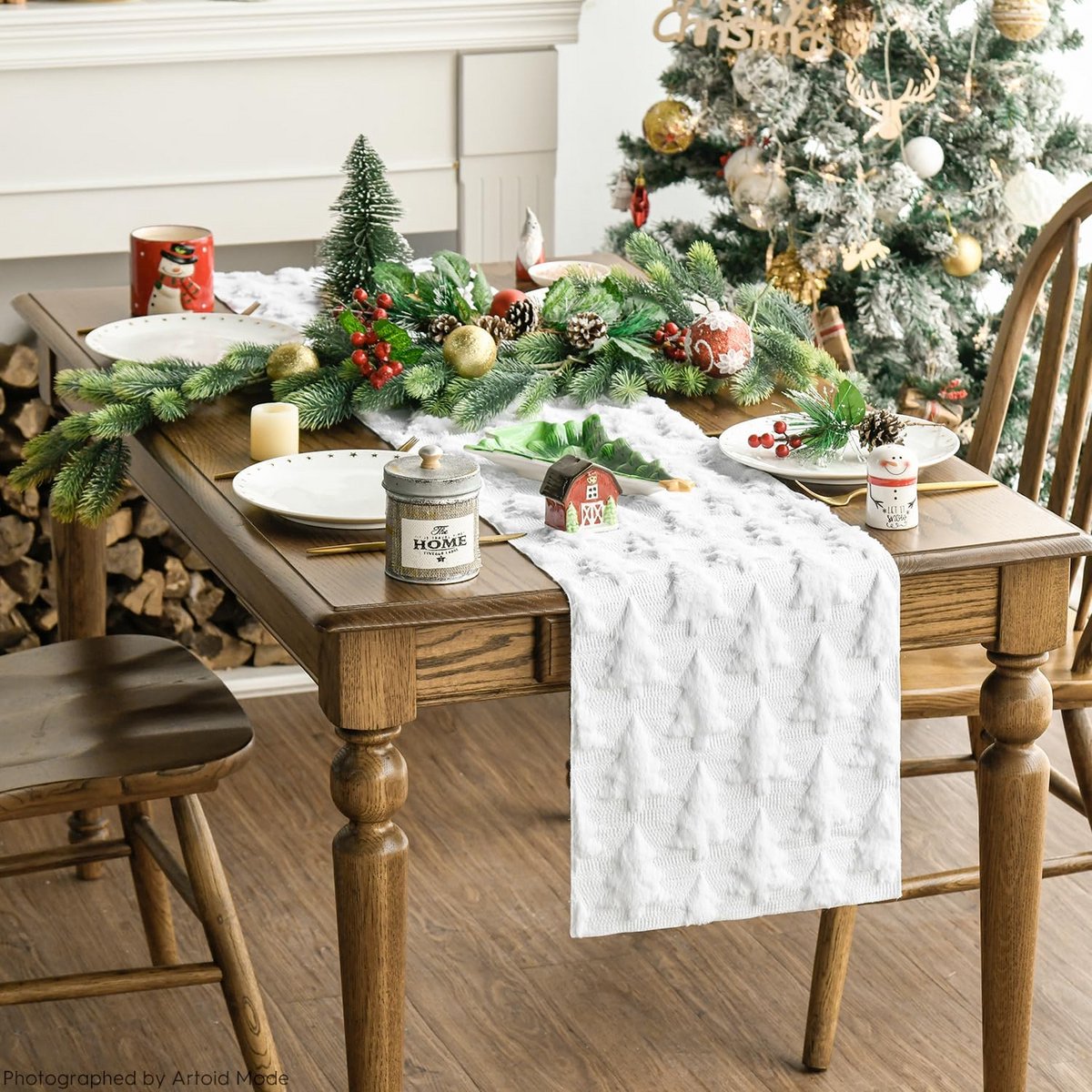 Witte Pluche Kerst Tafelloper met Kunstbont voor Winterfeest Decoratie 33 x 183 cm