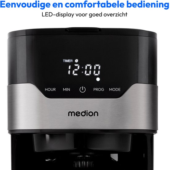 MEDION MD 18458 - Cafetière filtre programmable avec carafe isotherme - 900 Watt - 1,2 Litres - Argent