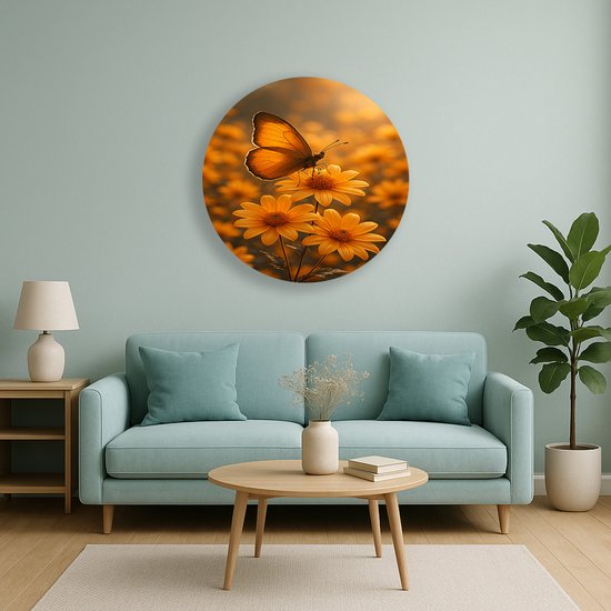 Een oranje vlinder zit op drie oranje margrieten met een zachte oranje achtergrond, opgehangen boven een lichtblauwe bank.