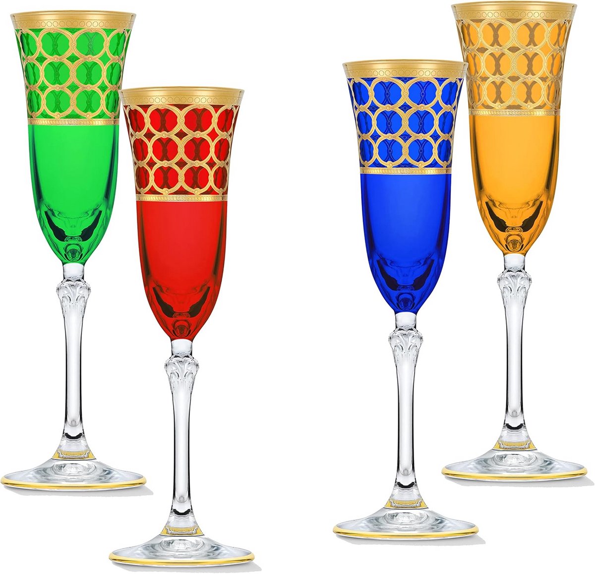 Luxe Champagneglazen Set van 4 met Gouden Ringen - Kristal Fluiten voor Mousserende Wijn