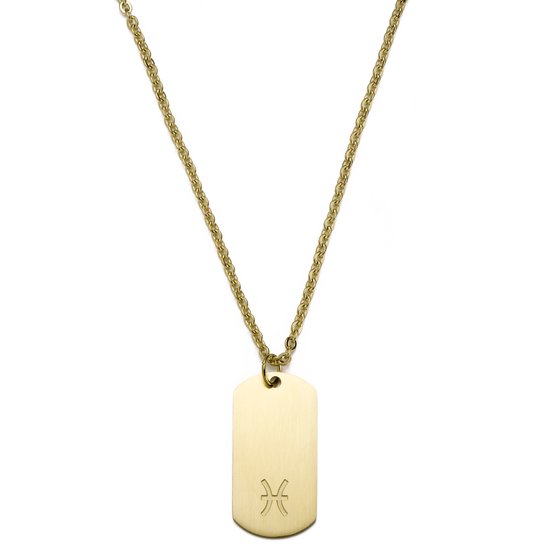 Gouden schakelketting met een rechthoekige hanger met het Vissen-symbool.