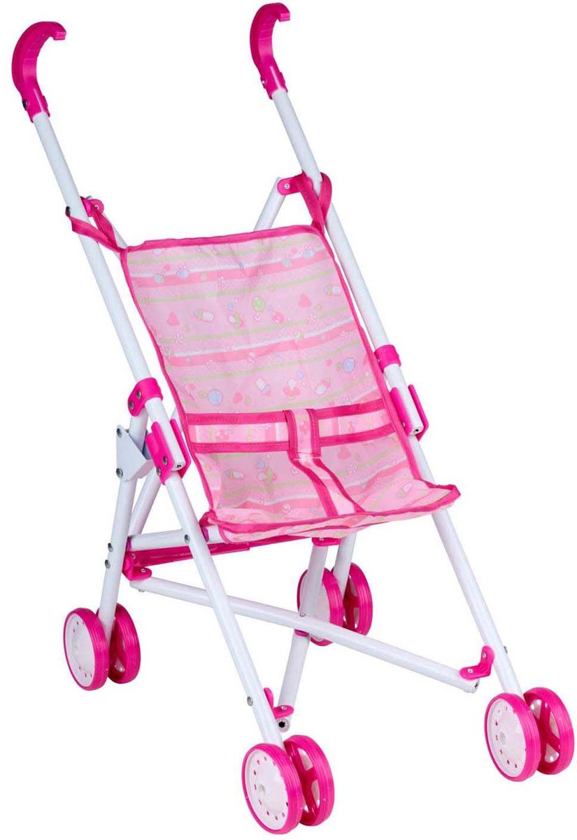Eddy Toys Poppenwagen Roze Inklapbaar - Kinderwagen voor Poppen met Veiligheidsriem - Speelgoed Poppenwagen voor Meisjes - Poppen Buggy met Dubbele Wielen - 35 x 25 x 55 cm