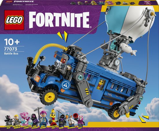 Set de construction LEGO Fortnite Battle Bus avec bus bleu et ballon, et neuf figurines.