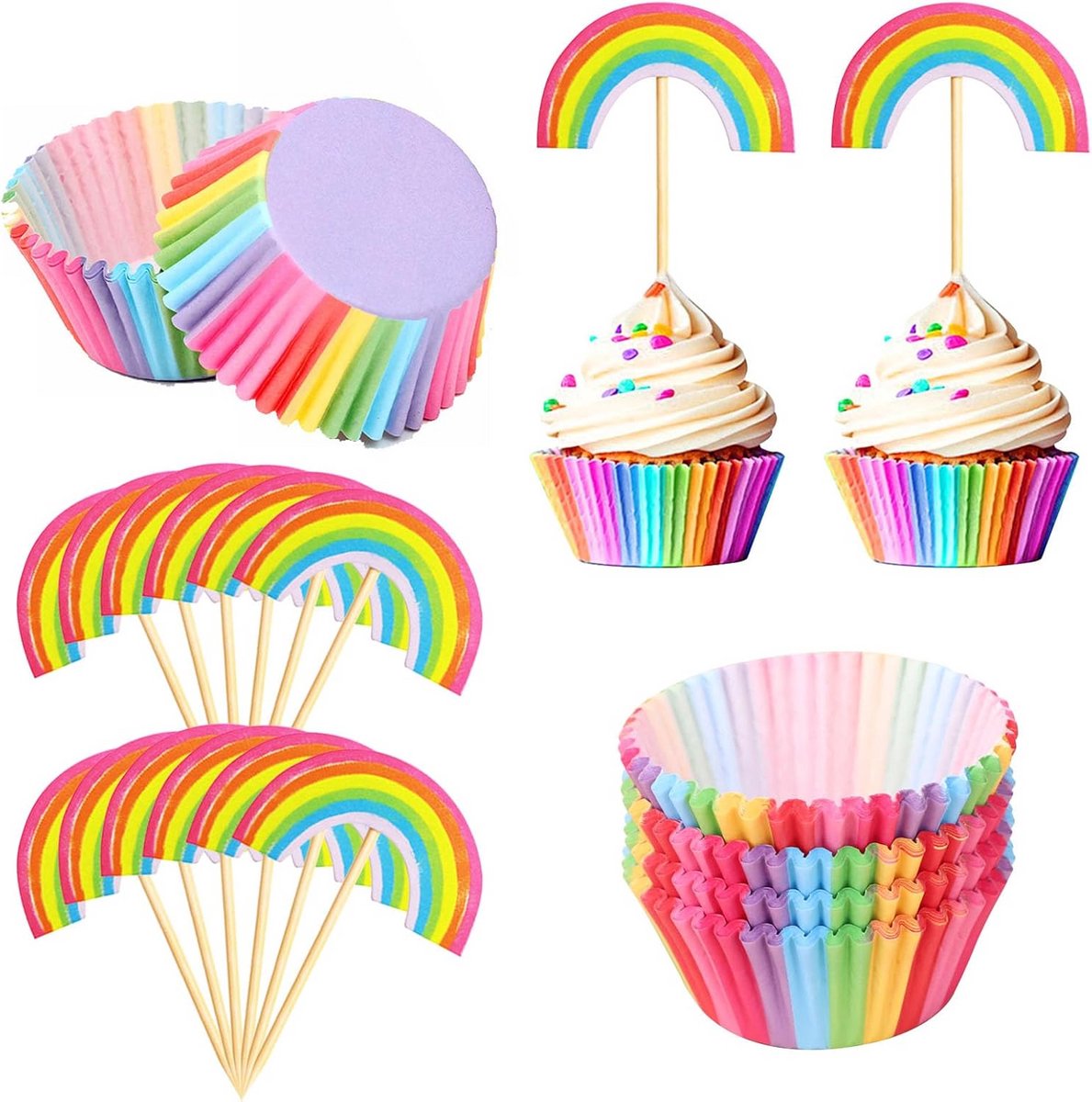 200 Stuks Mini Muffinbakvormpjes van Papier met Regenboog Decoratie