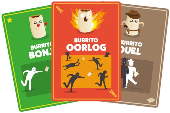 Drie kaarten uit het spel: Burrito Bon, Burrito Oorlog en Burrito Duel.