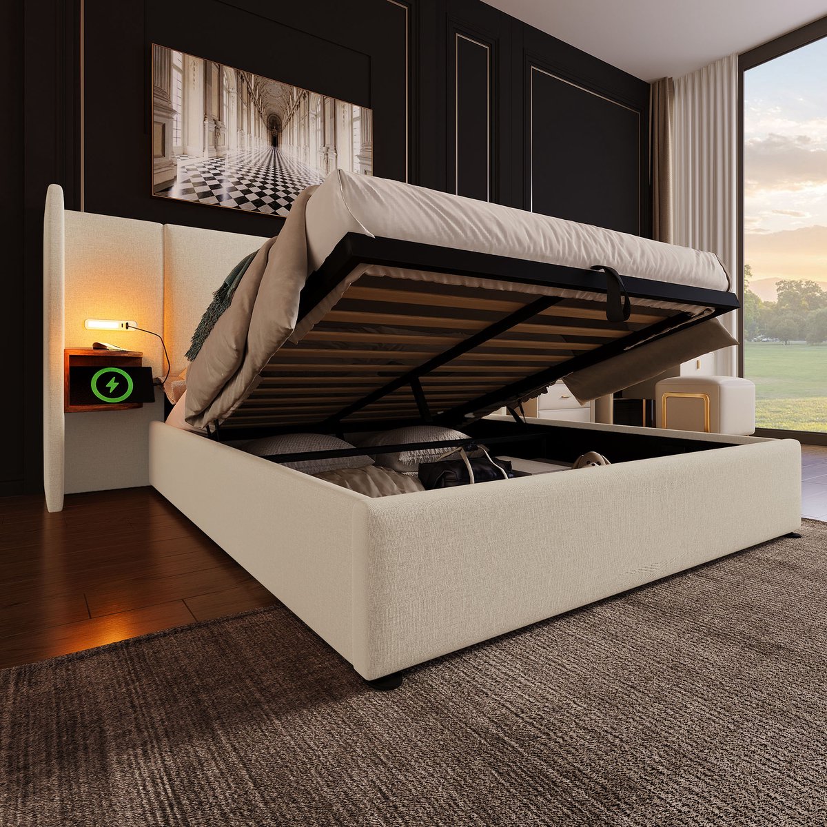 REDOM opbergbed 160x200 cm – Linnen, leeslamp, USB/Type-C, hydraulisch – Beige