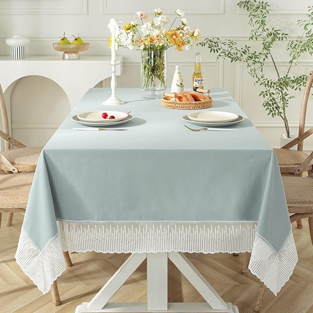 Decoratief Rechthoekig Tafelkleed Grijsgroen met Kant - Polyester voor Eetkamer en Feest