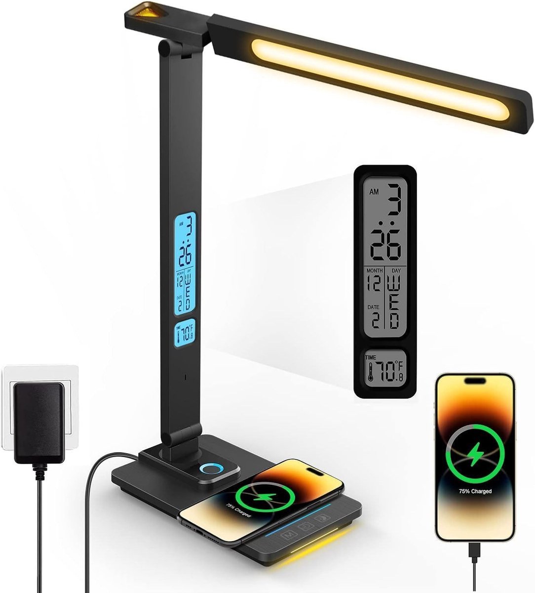 IBETTERTEC - LED Bureau Lamp - LED geïntegreerd - Dimbaar - 3 Lichtkleuren - Draadloos Opladen - USB Oplaadfunctie - 3 Kleurtemperaturen - 5 Helderheidsniveaus - Temperatuur Alarm en Kalenderfunctie