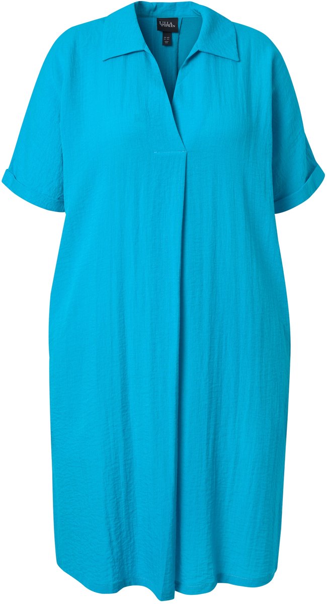 Ulla Popken - Dames - Mini-jurk oversized overhemdkraag V-hals halve mouwen - Aqua turquoise - Maat 46+