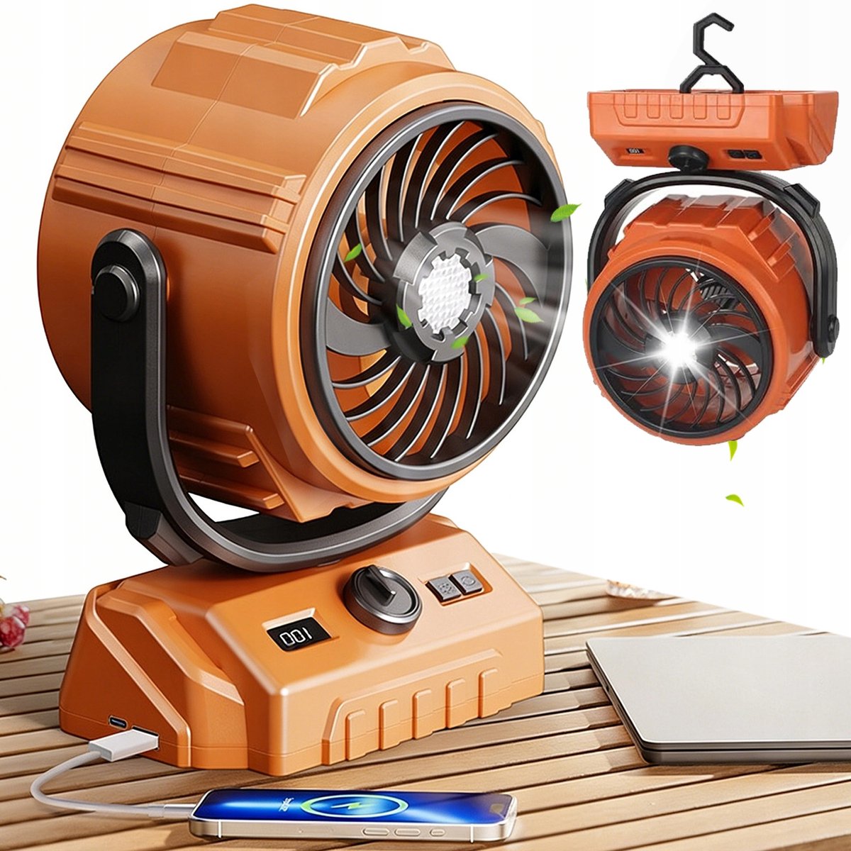 Camping Ventilator - Draagbare Accuventilator - 6000mAh - Oranje 270° Automatisch Draaibaar - Met 100 Snelheden & LED Lamp