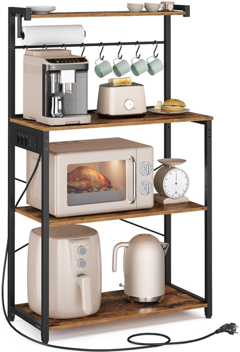 Koffiebar – 4 niveaus – Met 8 S-haken en stopcontacten – Vintage bruin-zwart – 40 x 80 x 140 cm