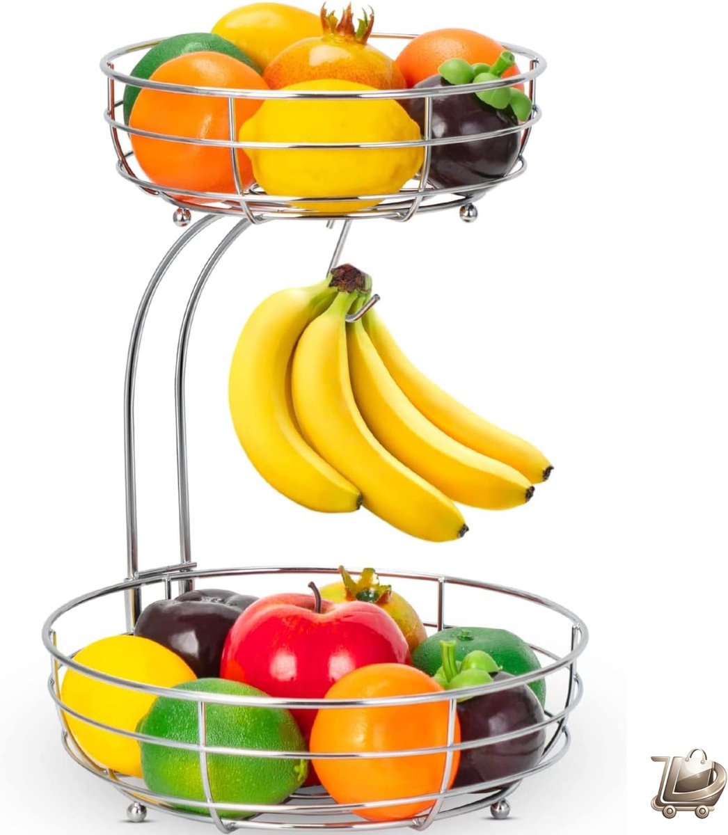 2-Laags Fruitmand met Bananenhouder - Modern Metalen Fruitkom - Staande Keuken Fruitmand - Decoratieve Groentenmand - Zilverkleurige Fruitkom - Functionele Keukenopslag