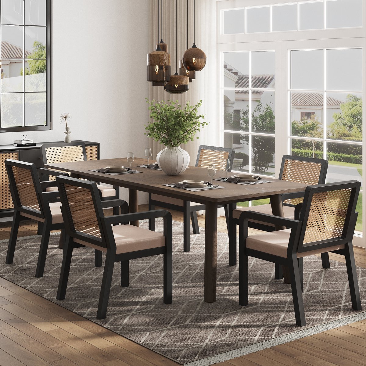Eetkamerstoel - Set van 6 - Ergonomisch met Rattan Rug - Rubberhouten Poten - Velours - Zw