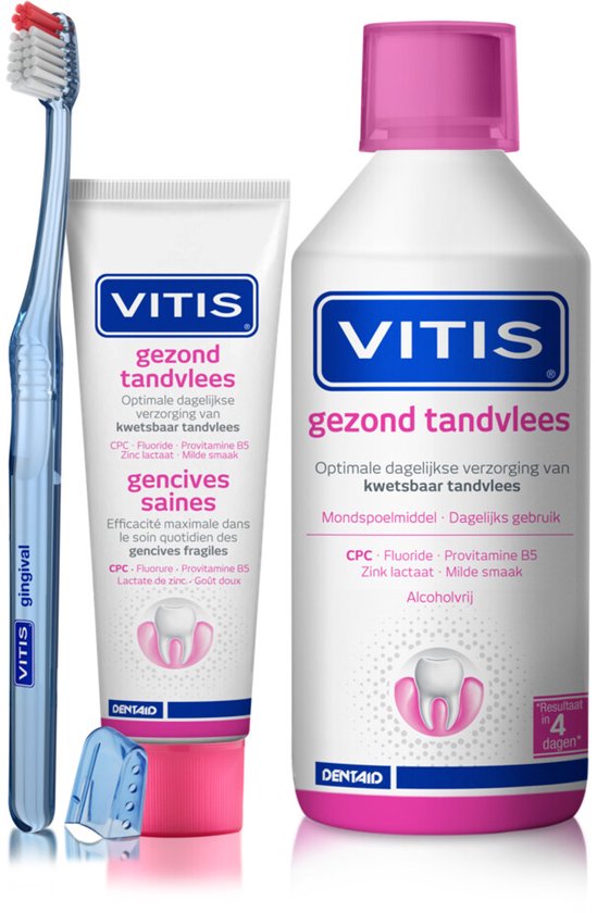 Blauwe tandenborstel, tube tandpasta en fles mondwater met roze accenten.