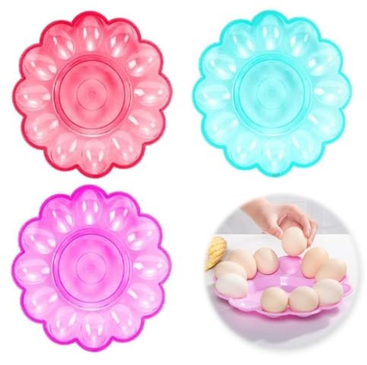 Allecto - Tray Set van 3 - Roze Bloemvormige Eierdozen met Diameter 24 cm, Praktisch en Stijlvol Eierrek voor Koelkast en Presentatie