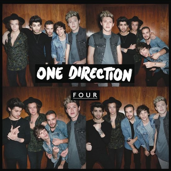 De cover van het album 'Four' van One Direction toont de bandleden in twee rijen, staand voor een houten achtergrond.