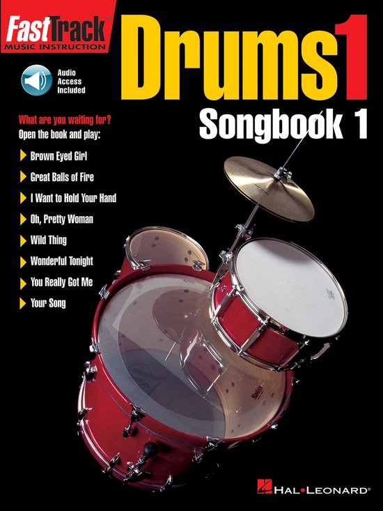 Drums 1 Songbook 1 muziekinstructieboek met rode drumstelafbeelding. "Fast Track Music Instruction", "Audio Access Included".