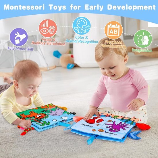 Babystoffenboekjes — 2-delige set (Giraffe + Krab) — Hoogcontrast sensorisch speelgoed met knispergeluiden, geschikt voor baby's van 0–12 maanden — afbeelding 3