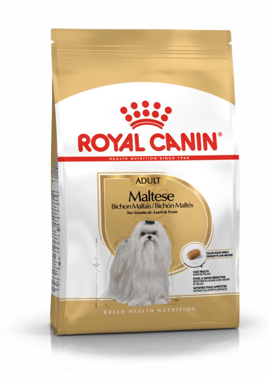 Een zak Royal Canin Maltese Adult hondenvoer met witte en gouden opdruk, met de tekst 'Adult Maltese Bichon Maltais' en een afbeelding van een Maltezer.