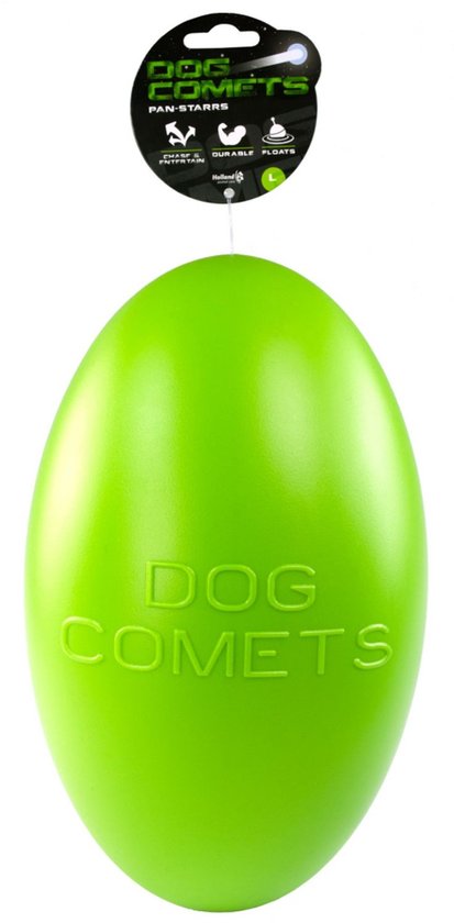Groene ovale Dog Comets speelbal met verpakking, formaat L, drijvend en duurzaam.