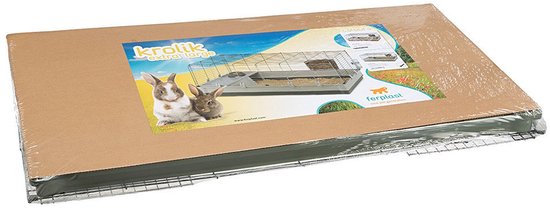 Verpakking van een Ferplast krolik extra large knaagdierkooi, met afbeeldingen van konijnen en de kooi.