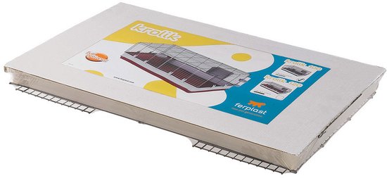 Verpakking van een Ferplast krolik knaagdierkooi, met illustraties van de kooi en de afmetingen.