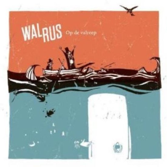 Albumhoes met de titel WALRUS, Op de valreep. Een bootje in woelige golven, onder water een walvis. Oranje en blauwe kleuren.