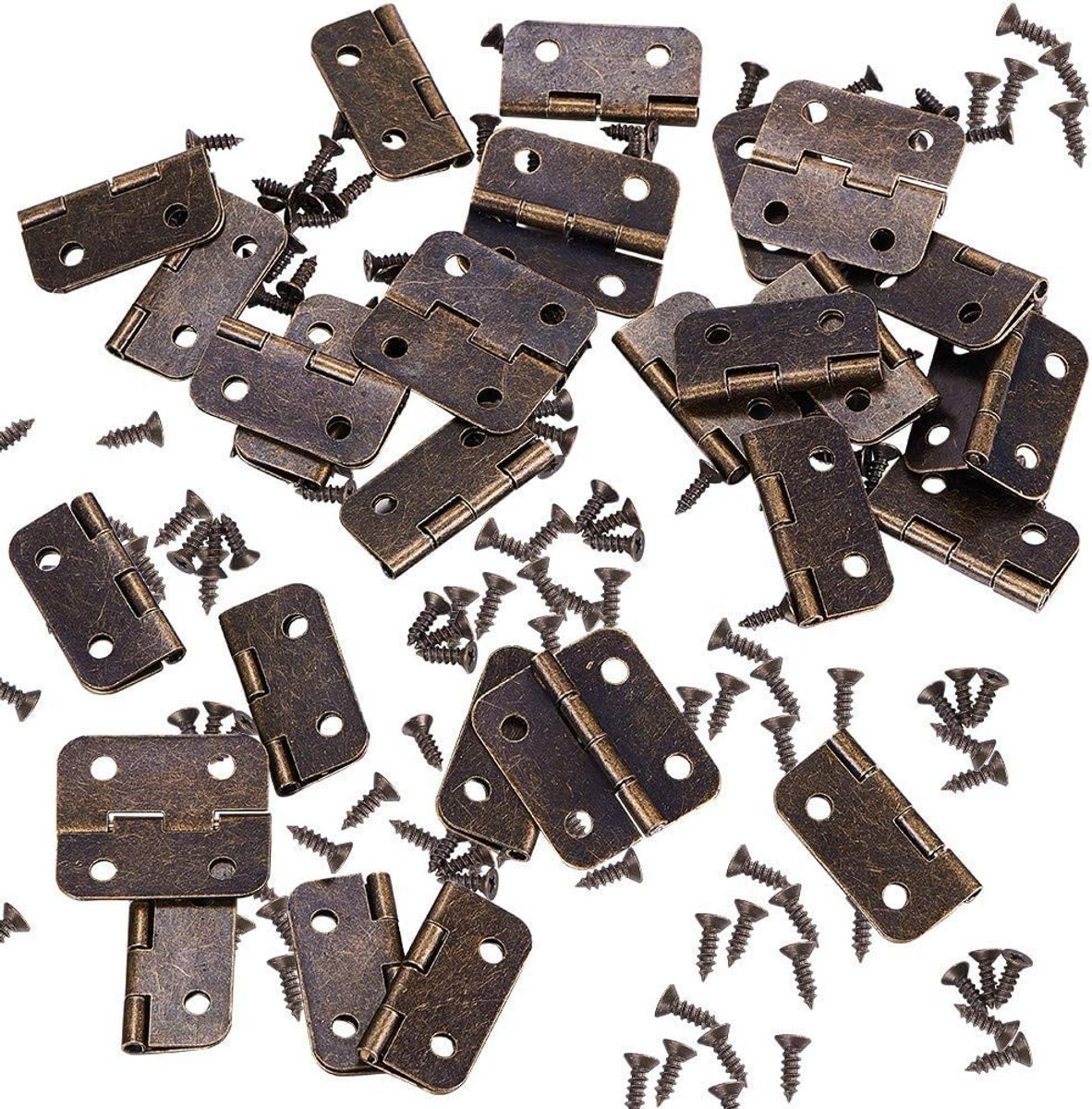 Namvo Mini Scharnieren 100 stuks met 400 schroeven voor houten kisten, meubels en sieradenboxen, roestvrij staal, 8mm messing vervangingsschroeven